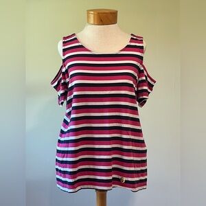 Michael Kors Striped Cold Shoulder T Shirt Pink Navy XL